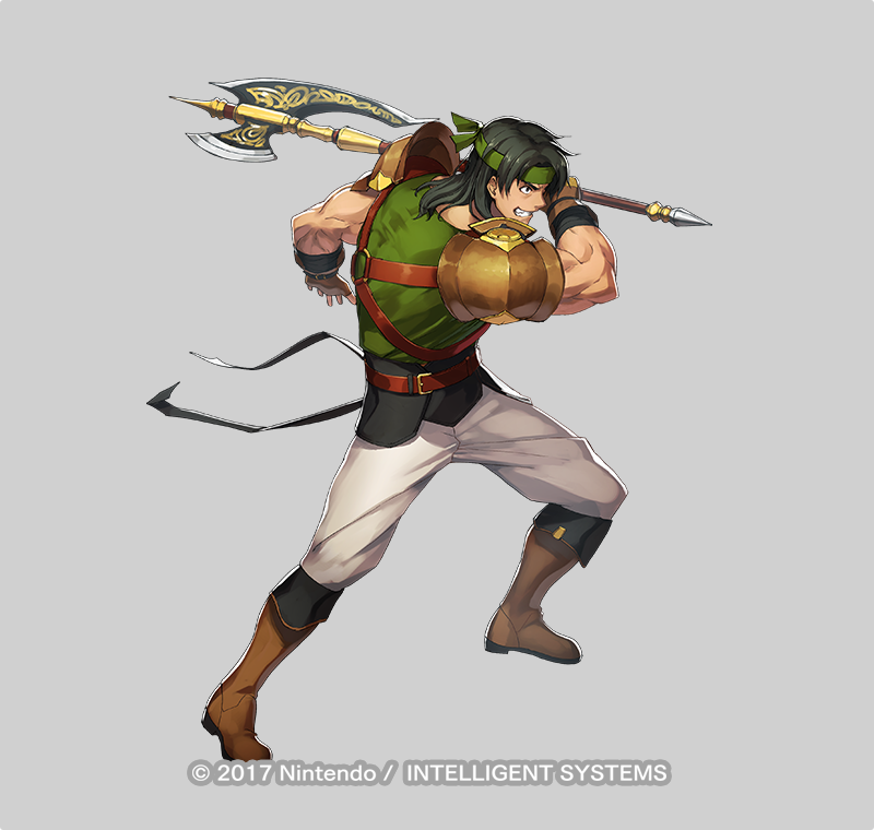1boy armor axe bandages belt black_hair boots brown_boots brown_gloves copyright_notice dai-xt fighting_stance fingerless_gloves fire_emblem fire_emblem:_thracia_776 fire_emblem_heroes full_body gloves green_headband green_shirt grey_background grin headband holding holding_axe holding_weapon long_hair male_focus muscular nintendo official_art osian_(fire_emblem) pants shirt shoulder_armor smile solo standing teeth weapon white_pants