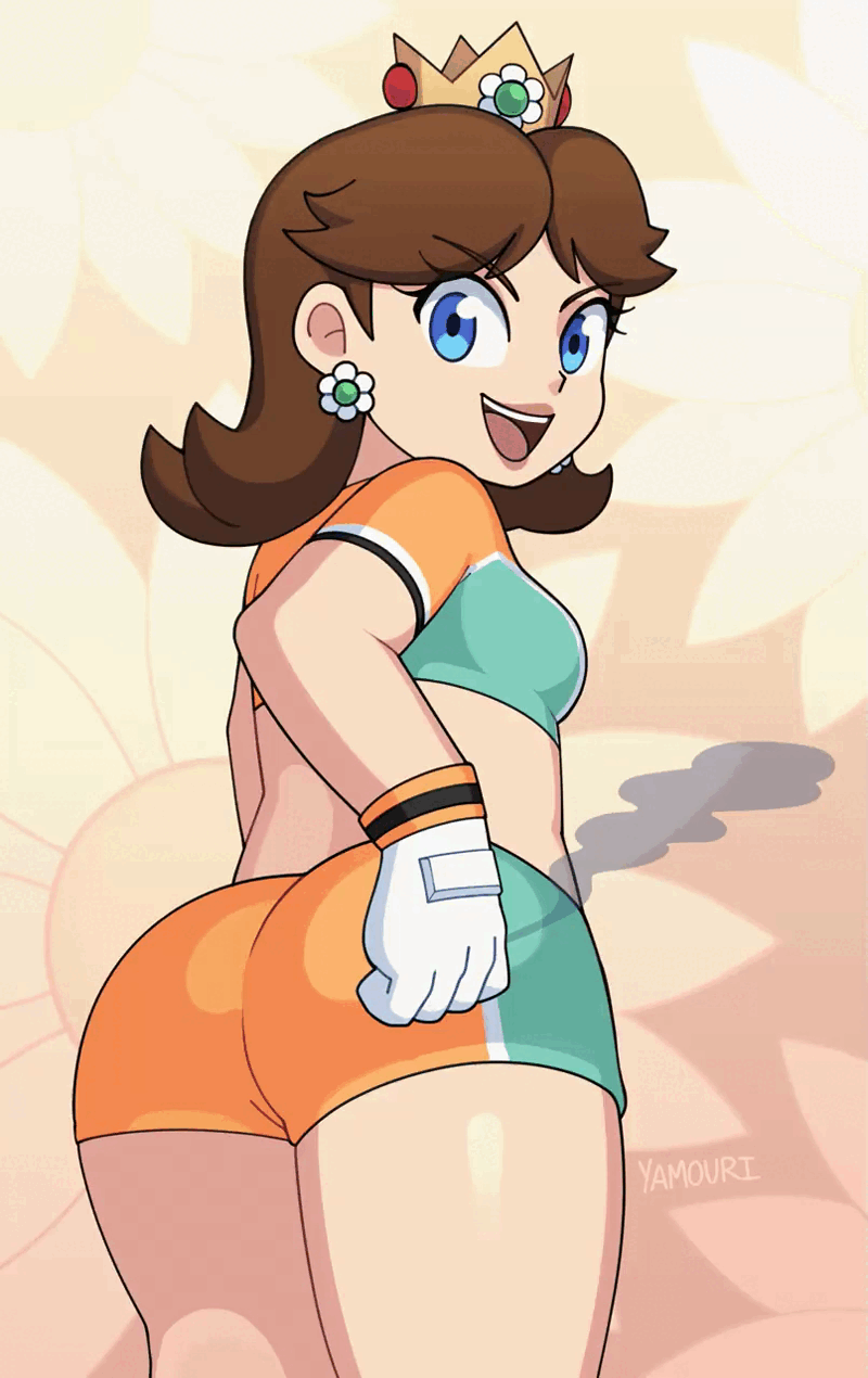 1girl :d ass ass_focus blue_eyes brown_hair crown daisy's_hot_stuff_(meme) earrings flower_earrings fume highres huge_ass jewelry legs looking_back looking_back mario_(series) mario_strikers_(series) nintendo open_mouth orange_shirt orange_shorts princess princess_daisy shirt shorts smile soccer_uniform sportswear standing super_mario_strikers tomboy tounching_own_ass yamouri