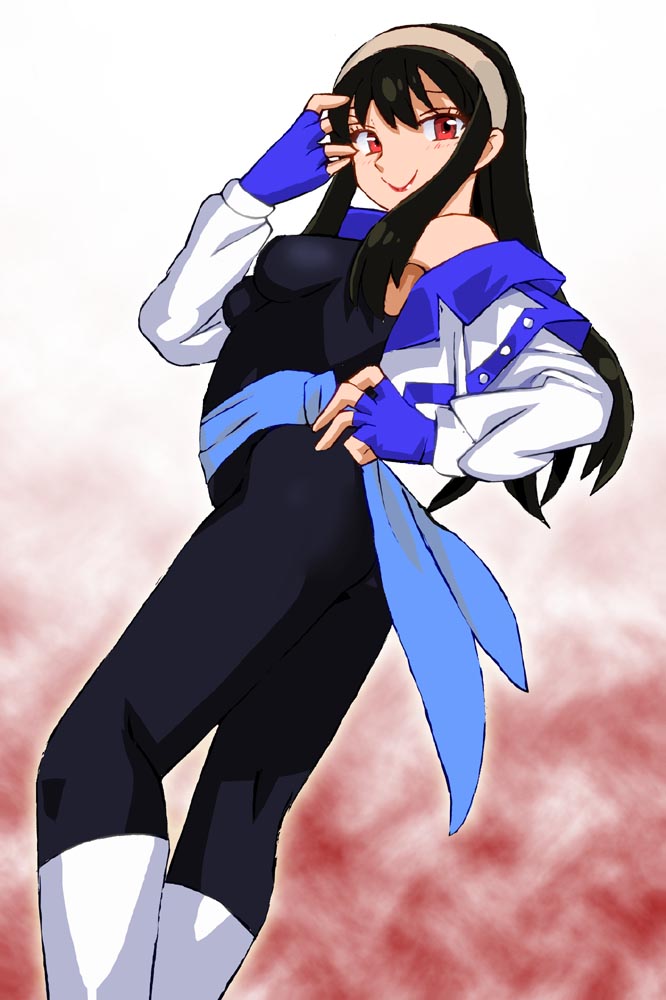 1girl alternate_costume black_hair bodysuit bow breasts cosplay gear_senshi_dendou hair_bow jacket medium_breasts smile solo spy_x_family standing straight_hair vega_(dendoh) vega_(dendoh)_(cosplay) white_jacket yor_briar