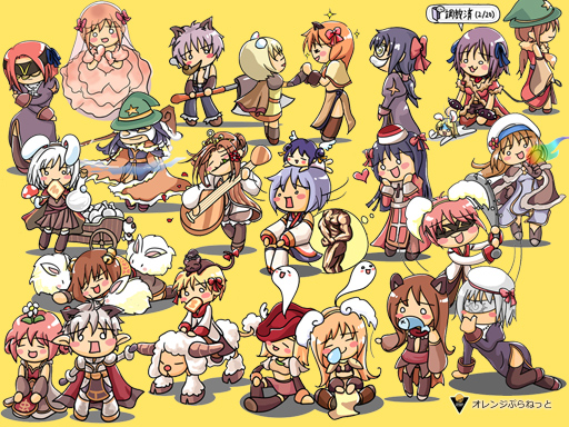 4boys 6+girls :3 alchemist_(ragnarok_online) amistr_(ragnarok_online) animal animal_ears animal_on_head armor armored_boots assassin_cross_(ragnarok_online) baseball_bat bicorne black_cat black_hair blindfold blonde_hair blue_hair boots bow bread bread_slice breastplate brown_boots brown_cape brown_dress brown_hair brown_shirt brown_skirt brown_vest cape cat cat_on_head champion_(ragnarok_online) chibi chibi_only closed_eyes closed_mouth clown_(ragnarok_online) coat commentary_request dress fake_animal_ears flower flower_in_mouth food food_in_mouth full_body giving_up_the_ghost green_hat grey_dress grey_hair hair_bow hat high_priest_(ragnarok_online) high_wizard_(ragnarok_online) hunter_(ragnarok_online) instrument knight_(ragnarok_online) lady_solace long_hair looking_at_another looking_at_viewer lord_knight_(ragnarok_online) lunatic_(ragnarok_online) lute_(instrument) mage_(ragnarok_online) medium_hair monk_(ragnarok_online) mouth_hold multiple_boys multiple_girls music nail_(hardware) nail_bat on_head one_eye_closed open_mouth pink_bow pink_dress pink_hair playing_instrument pointy_ears priest_(ragnarok_online) professor_(ragnarok_online) puiko_(rivulet_brook) purple_dress purple_hair rabbit rabbit_ears ragnarok_online red_flower red_hat red_rose rogue_(ragnarok_online) rose sheep shirt short_hair simple_background sitting skirt sleeping smile smoking_pipe standing star_gladiator_(ragnarok_online) tam_(ragnarok_online) toast toast_in_mouth vest wedding_dress white_coat white_flower white_hair white_hat whitesmith_(ragnarok_online) witch_hat wizard_(ragnarok_online) yellow_background