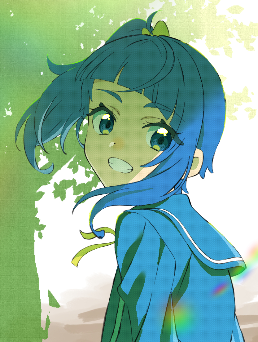 1girl asymmetrical_bangs blue_eyes blue_hair blue_jacket blue_sailor_collar blue_shirt bow cut_bangs day floating_hair from_side grin hair_bow haruru_(dontacocon) hirogaru_sky!_precure jacket looking_at_viewer medium_hair outdoors precure profile sailor_collar school_uniform shirt side_ponytail sidelighting sidelocks single_sidelock smile solo sora_harewataru sorashido_academy_school_uniform sunlight upper_body wind yellow_bow