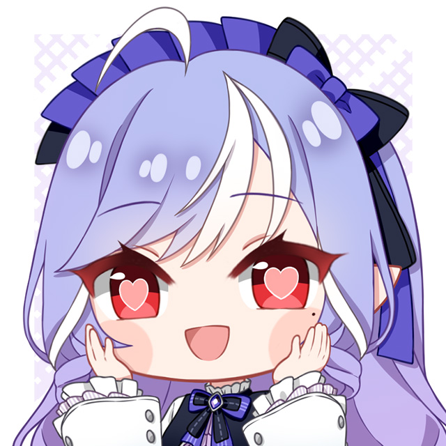 1girl ahoge blush_stickers chibi commentary fpsmoe frilled_sleeves frills hands_on_own_cheeks hands_on_own_face hands_up heart heart-shaped_pupils long_hair long_sleeves mole mole_under_eye multicolored_hair no_nose open_mouth purple_hair red_eyes smile solo streaked_hair swept_bangs symbol-shaped_pupils vivian_banshee white_hair zenless_zone_zero