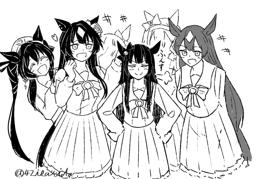 +++ 6+girls bow bowtie closed_eyes collarbone commentary deep_impact_(umamusume) ear_bow ears_through_headwear genjitsu_steel_(umamusume) greyscale hairband hands_on_own_hips hat heart height_difference isarida leaning_to_the_side long_hair long_sleeves mini_hat monochrome multicolored_hair multiple_girls navel pleated_skirt puff_of_air river_light_(umamusume) sailor_collar sailor_hat sailor_shirt satono_diamond_(umamusume) school_uniform shirt sidelocks sketch skirt smug tilted_headwear tracen_school_uniform twintails twitter_username umamusume verxina_(umamusume) very_long_hair vivlos_(umamusume) winter_uniform