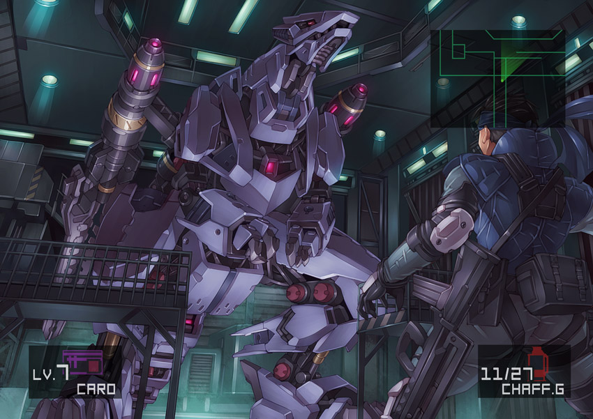 1boy assault_rifle berserk_fuhrer berserk_fury bullpup dinosaur famas gameplay_mechanics gun heads-up_display mecha metal_gear_(series) metal_gear_rex metal_gear_solid mk-5 parody rifle robot solid_snake user_interface weapon zoids