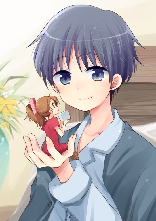10s 1boy 1girl arrietty bad_id bad_pixiv_id blue_eyes blue_hair brown_hair eye_contact hiroichi karigurashi_no_arrietty looking_at_another mini_person minigirl shou_(karigurashi_no_arrietty) sitting size_difference smile studio_ghibli sugar_cube