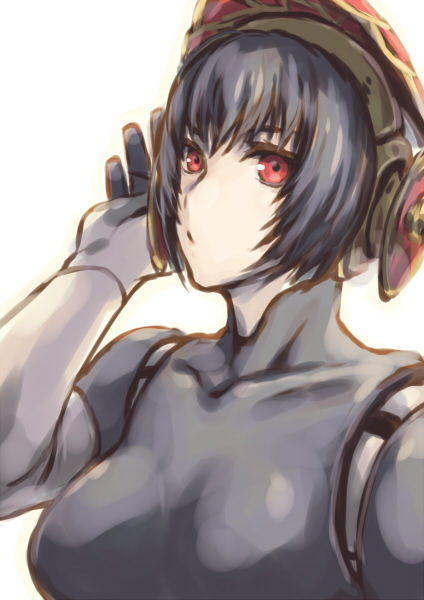 1girl android black_hair breasts closed_mouth joints looking_at_viewer metis_(persona) persona persona_3 persona_3_the_answer red_eyes robot_joints short_hair simple_background solo white_background yokutsuki_noa