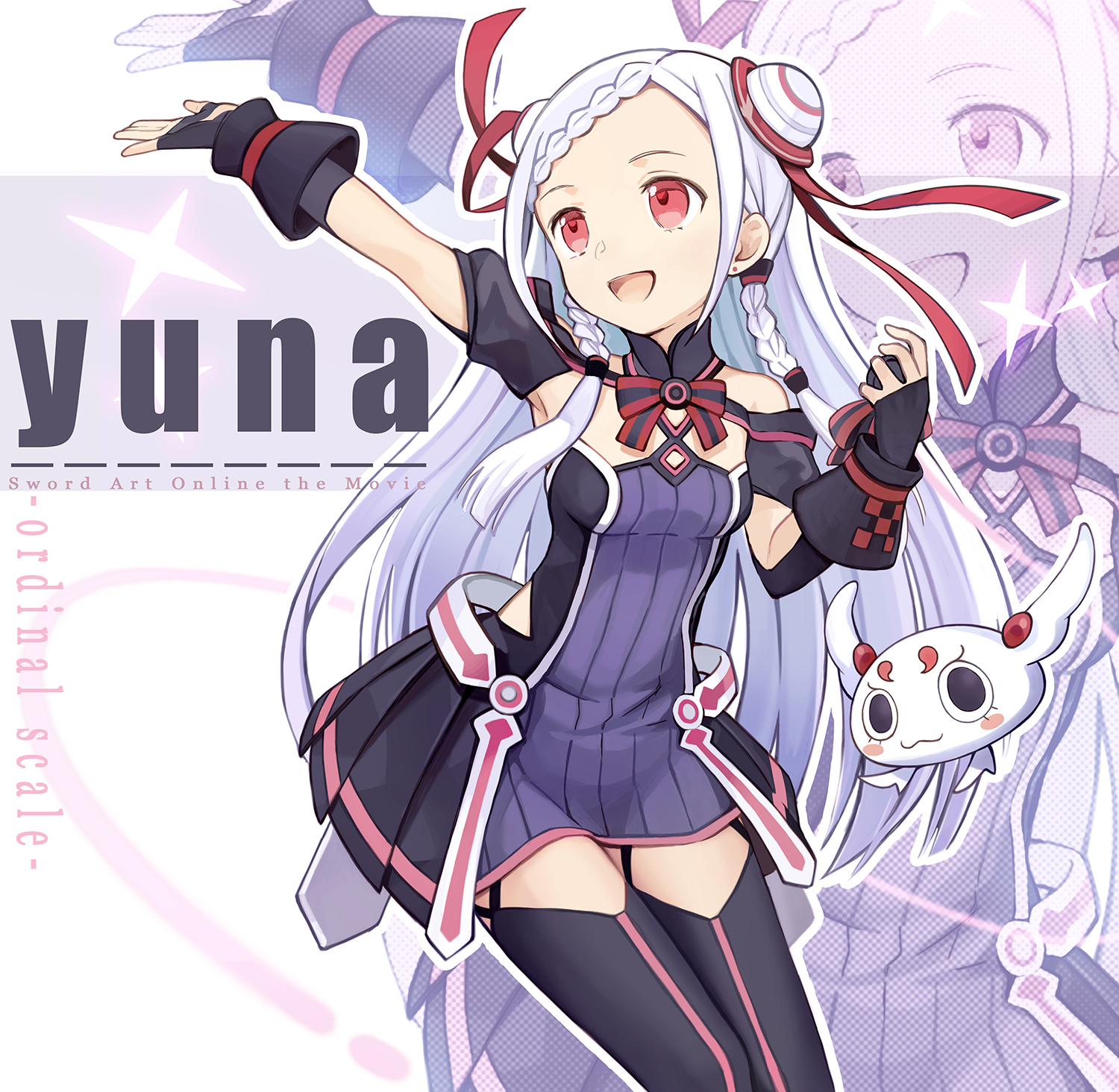 1girl :d arm_up black_gloves black_sleeves black_thighhighs bow bowtie braid braided_bangs breasts character_name copyright_name detached_sleeves dress female_focus fingerless_gloves floating_hair french_braid garter_straps gloves highres holding holding_microphone kari_kenji long_hair microphone open_mouth outstretched_arm overskirt parted_bangs purple_dress red_eyes short_dress short_sleeves silver_hair sleeveless sleeveless_dress small_breasts smile solo standing striped_bow striped_bowtie striped_clothes striped_neckwear sword_art_online thighhighs very_long_hair yuna_(sao)