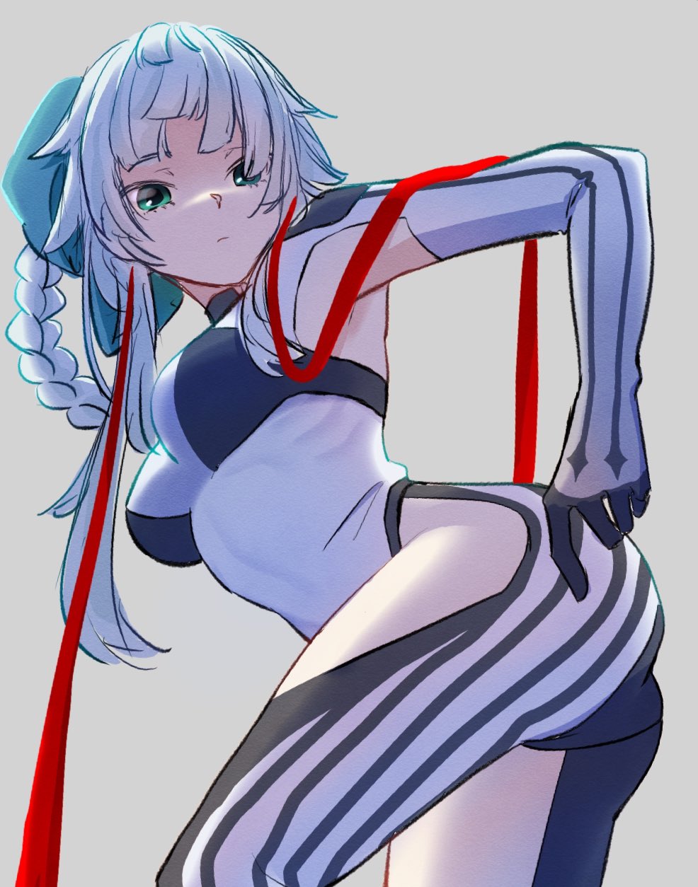 1girl armpit_cutout armpit_peek black_bodysuit bodysuit braid braided_hair_rings breasts closed_mouth clothing_cutout dmr_pic earrings fate/grand_order fate/samurai_remnant fate_(series) green_eyes hair_ribbon hair_rings highres jewelry long_hair looking_at_viewer looking_back looking_down medium_breasts ponytail ribbon sidelocks solo thigh_cutout thighs two-tone_bodysuit white_bodysuit white_hair yui_shousetsu_(fate) yui_shousetsu_(first_ascension)_(fate)