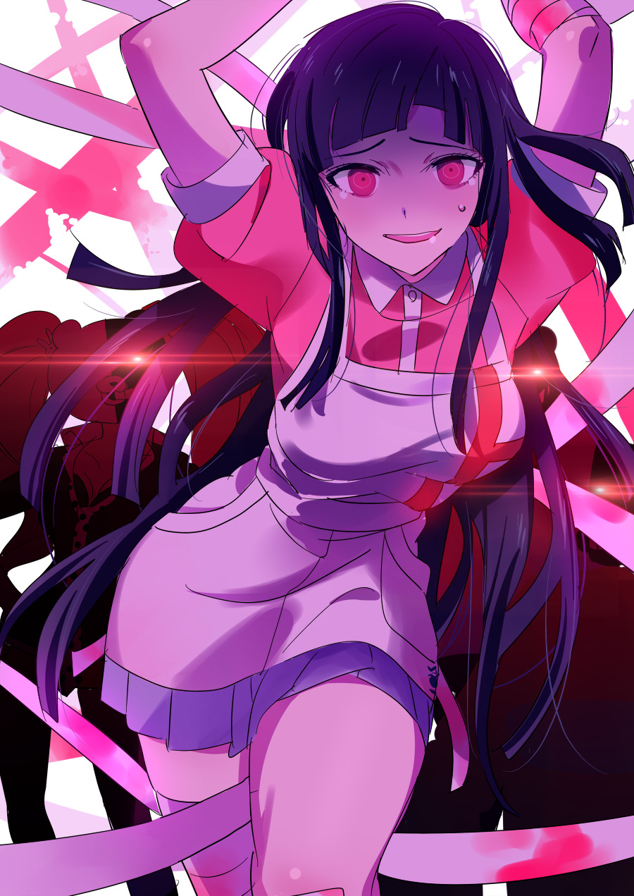 1girl apron arms_up bandaged_leg bandages black_hair breasts collared_shirt commentary_request danganronpa_(series) danganronpa_2:_goodbye_despair highres long_hair looking_at_viewer open_mouth pleated_skirt purple_shirt red_eyes shirt short_sleeves skirt solo sweat tsumiki_mikan very_long_hair white_apron yomosaka