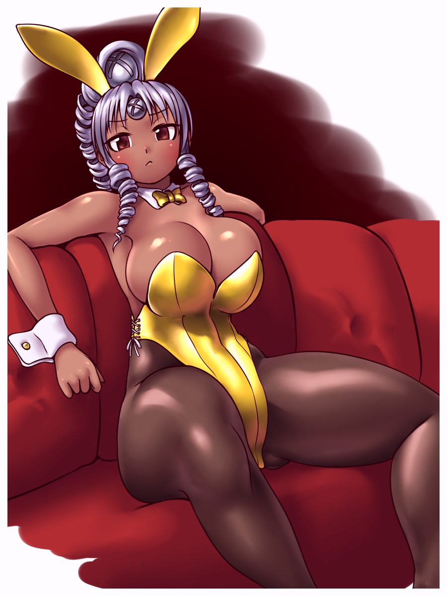 1girl animal_ears bare_shoulders black_pantyhose bow bowtie breasts cleavage closed_mouth dark-skinned_female dark_skin detached_collar drill_hair drill_ponytail fake_animal_ears frown hair_intakes hair_ornament highleg highleg_leotard highres kuma_(kumahoihoi) large_breasts leotard light_purple_hair long_hair looking_at_viewer object_through_head os-tan pantyhose playboy_bunny ponytail rabbit_ears red_eyes ribbon screw screw_hair_ornament screw_in_head shiny_skin side_drill sitting solo strapless strapless_leotard vista-tan vistake white_ribbon wrist_cuffs yellow_bow yellow_bowtie yellow_leotard