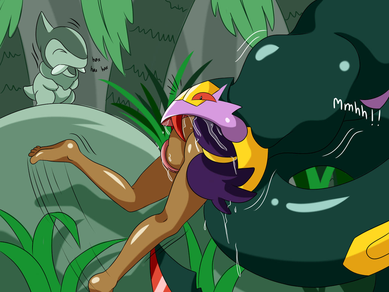 1girl ass axew barefoot betrayal dark-skinned_female dark_skin dragon eating feet gen_3_pokemon gen_5_pokemon gym_leader helpless iris_(pokemon) krlitosss laughing nintendo nude open_mouth outdoors peril pokemon pokemon_bw seviper snake swallowing vore