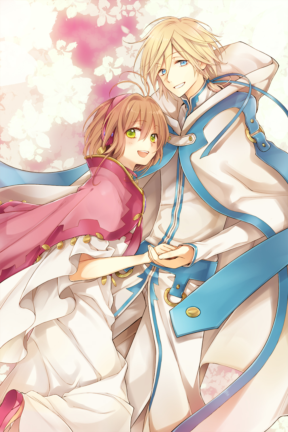 1boy 1girl :d antenna_hair blonde_hair blue_eyes blue_ribbon brown_hair cape dress fai_d._flowright green_eyes hair_ribbon hairband hetero highres holding_hands hutuumikan leg_up long_dress long_hair looking_at_viewer open_mouth pants pink_hairband ribbon sakura_hime smile tsubasa_chronicle white_dress white_pants