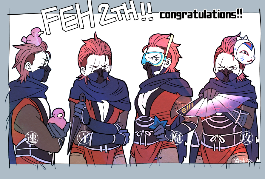 4boys anniversary bird character_mask congratulations duck fire_emblem fire_emblem_fates fire_emblem_heroes gambeson hand_fan holding holding_shuriken holding_weapon japanese_clothes lilith_(fire_emblem) male_focus mask mouth_mask multiple_boys ninja ninja_mask nintendo one_eye_closed pectoral_cleavage pectorals red_eyes red_hair saizo_(fire_emblem) scar scar_across_eye scar_on_face scarf shuriken snorkel weapon yokokisa