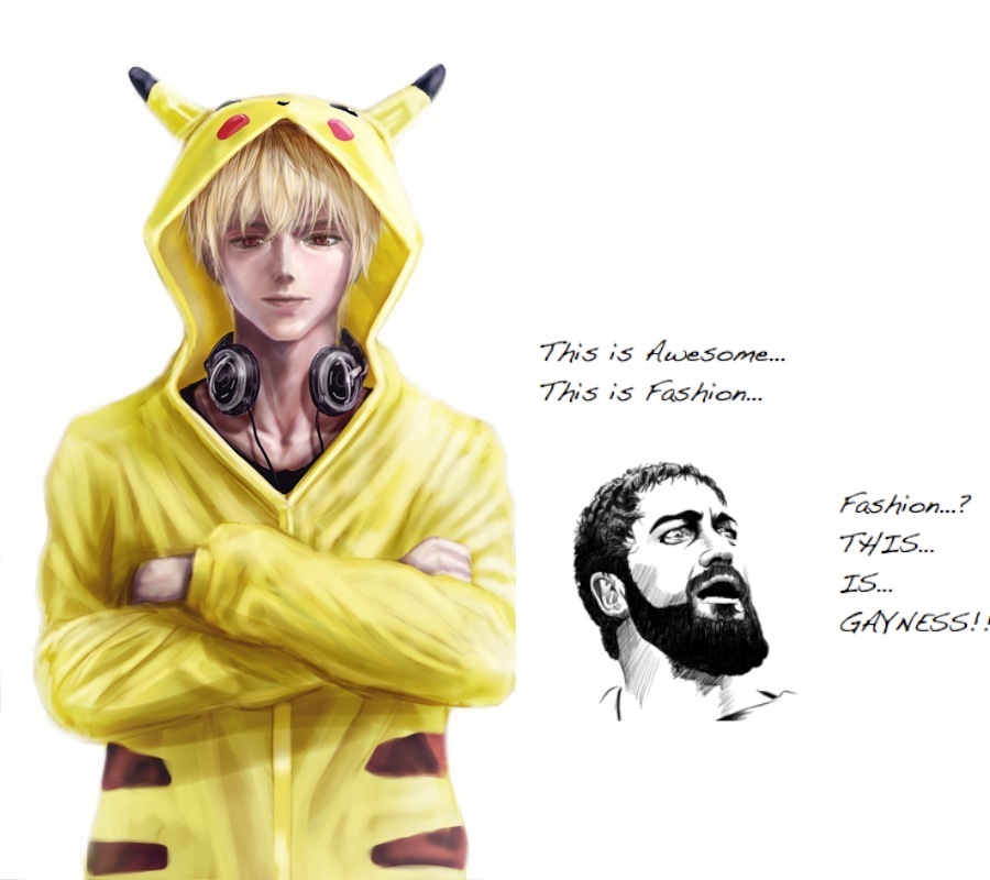 2boys blonde_hair cosplay english_text leonidas multiple_boys nintendo pikachu_(cosplay) pokemon simple_background tagme text_focus white_background