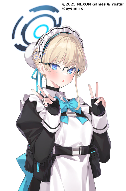 apron aqua_ribbon back_ribbon belt belt_pouch black_gloves blonde_hair blue_archive blue_eyes blue_halo blush choker collared_shirt double_v fingerless_gloves gloves hair_bun hair_ribbon halo long_sleeves maid maid_headdress official_art open_mouth popqn pouch promotional_art ribbon semi-rimless_eyewear shirt single_hair_bun toki_(blue_archive) v white_sleeves