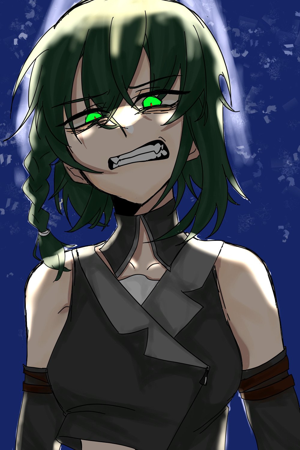 1girl angry bags_under_eyes blue_background braid braided_bangs clenched_teeth collarbone collared_jacket crop_top detached_collar detached_sleeves evillious_nendaiki fangs frown glaring glowing glowing_eyes green_eyes green_hair grey_sleeves grimace gumi hair_between_eyes highres jacket light_rays looking_down medium_hair midriff_peek nemesis_no_juukou_(vocaloid) nemesis_sudou ratchetlovelove red_pupils scowl side_braid sleeveless sleeveless_jacket solo spotlight teeth vocaloid