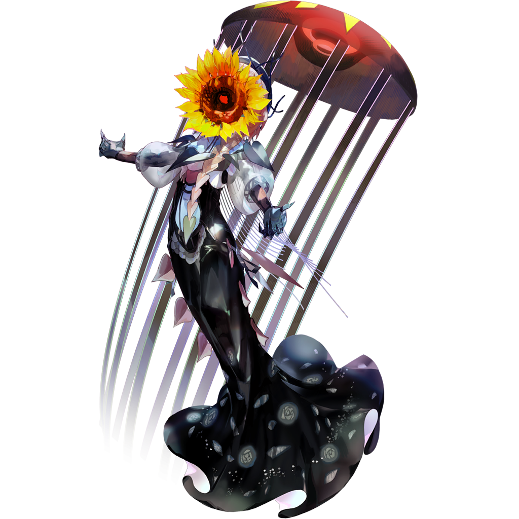 1girl black_dress blue_skin braid clothing_cutout colored_skin dress fate/grand_order fate_(series) flower full_body game_cg hat jellyfish kibadori_rue long_hair looking_at_viewer official_art orange_hair see-through_clothes see-through_sleeves side_braid solo standing sunflower tachi-e third-party_source transparent_background van_gogh_(fate) van_gogh_(second_ascension)_(fate)