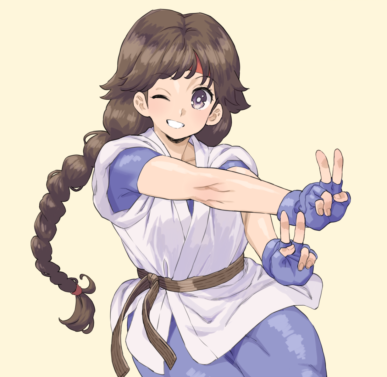 1girl braid brown_hair commentary_request double_v dougi fingerless_gloves gloves highres long_hair looking_at_viewer one_eye_closed ryuuko_no_ken smile solo the_king_of_fighters twin_braids v wakaho_riku yuri_sakazaki