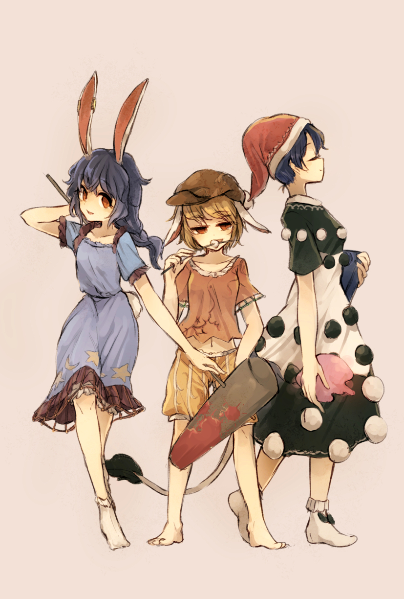 3girls ambiguous_red_liquid animal_ears bad_id baggy_shorts barefoot blonde_hair blue_dress blue_hair rabbit_ears dango doremy_sweet dress earclip eating flat_cap floppy_ears food hat highres hisona_(suaritesumi) kine legacy_of_lunatic_kingdom mallet midriff multiple_girls navel orange_shirt ponytail print_dress puffy_short_sleeves puffy_shorts puffy_sleeves purple_hair red_eyes ringo_(touhou) seiran_(touhou) shirt short_sleeves shorts skewer socks stain tail tapir_tail touhou wagashi