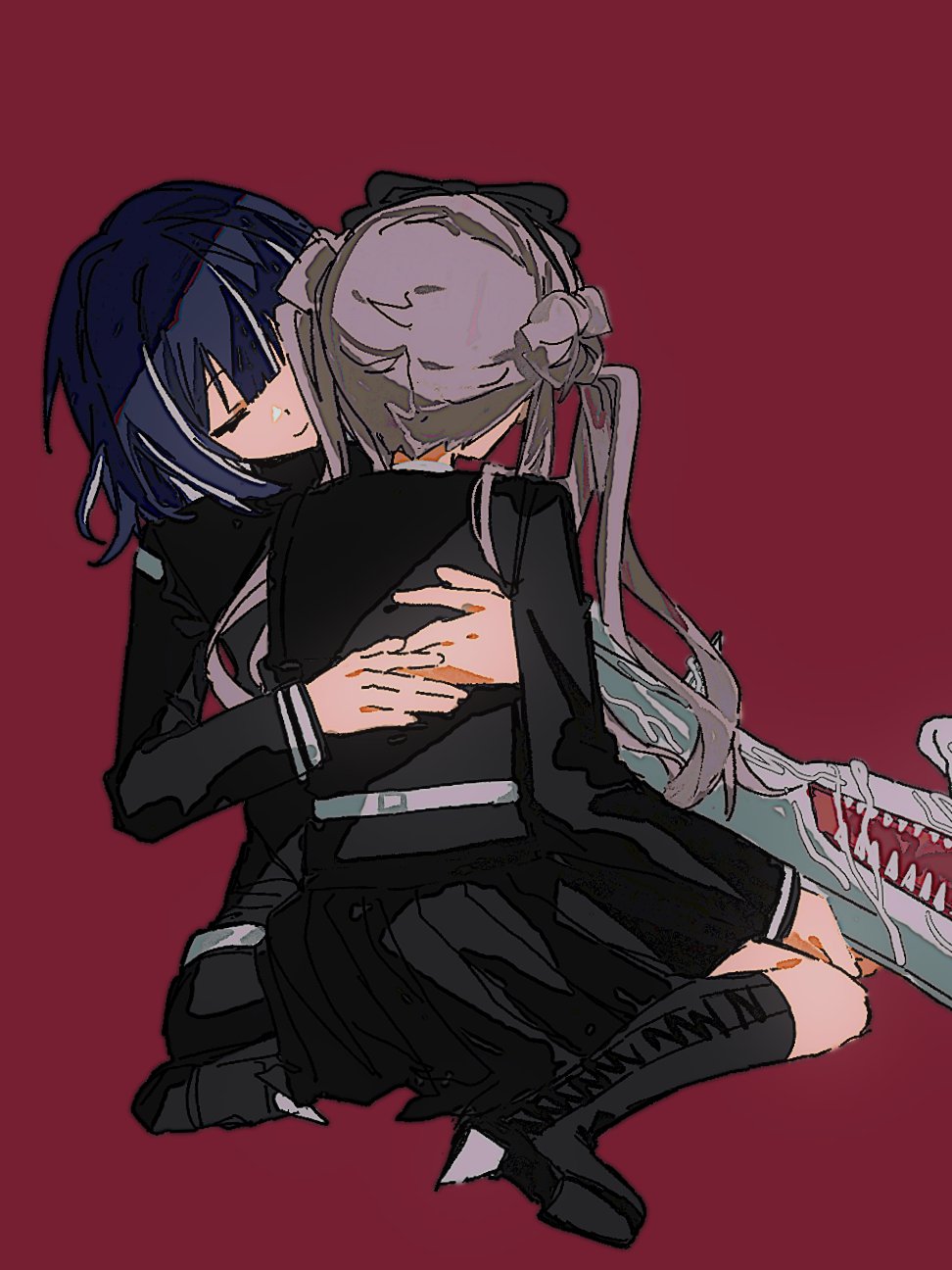 brother_and_sister closed_eyes eyelashes full_body gun highres holding holding_gun holding_rifle holding_sniper_rifle holding_weapon hug last_defense_academy_school_uniform long_hair pink_hair purple_hair red_background siblings simple_background sitting the_hundred_line_-last_defense_academy- tsukumo_ima tsukumo_kako twins twintails weapon