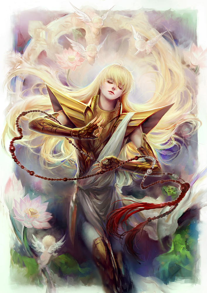 1boy armor beads blonde_hair closed_eyes flower fooltown gold_armor long_hair male_focus prayer_beads saint_seiya virgo_shaka