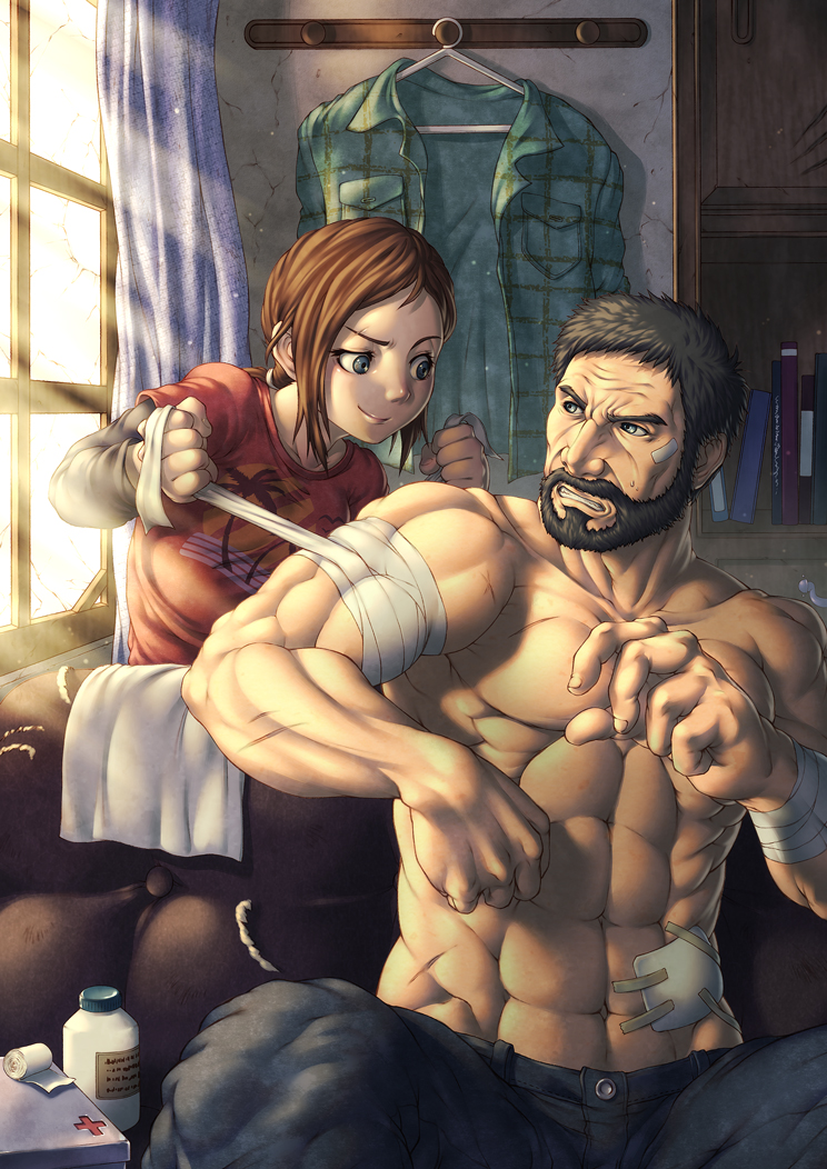 1boy 1girl abs bandages beard couch ellie_(the_last_of_us) facial_hair joel_(the_last_of_us) kuroshio_(zung-man) muscular naughty_dog scar smile sunlight the_last_of_us the_last_of_us_(series) topless_male window