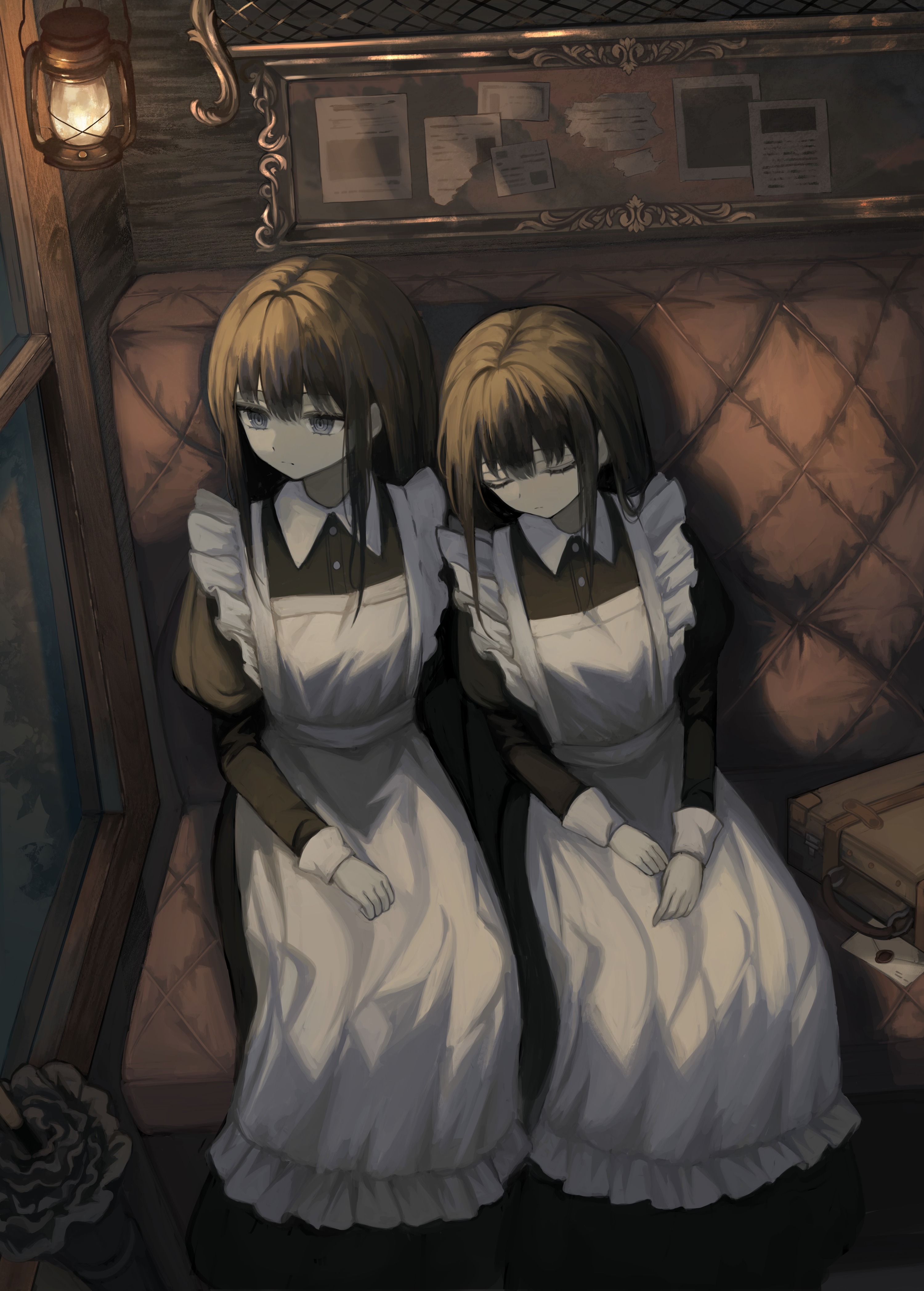 2girls @_@ absurdres apron black_dress black_hair closed_mouth closed_umbrella collared_dress dress envelope expressionless feet_out_of_frame grey_eyes highres juliet_sleeves kkamkkam lantern long_dress long_hair long_sleeves maid maid_apron multiple_girls original puffy_sleeves siblings sitting sleeping sleeping_on_person suitcase train_interior twins umbrella white_apron window