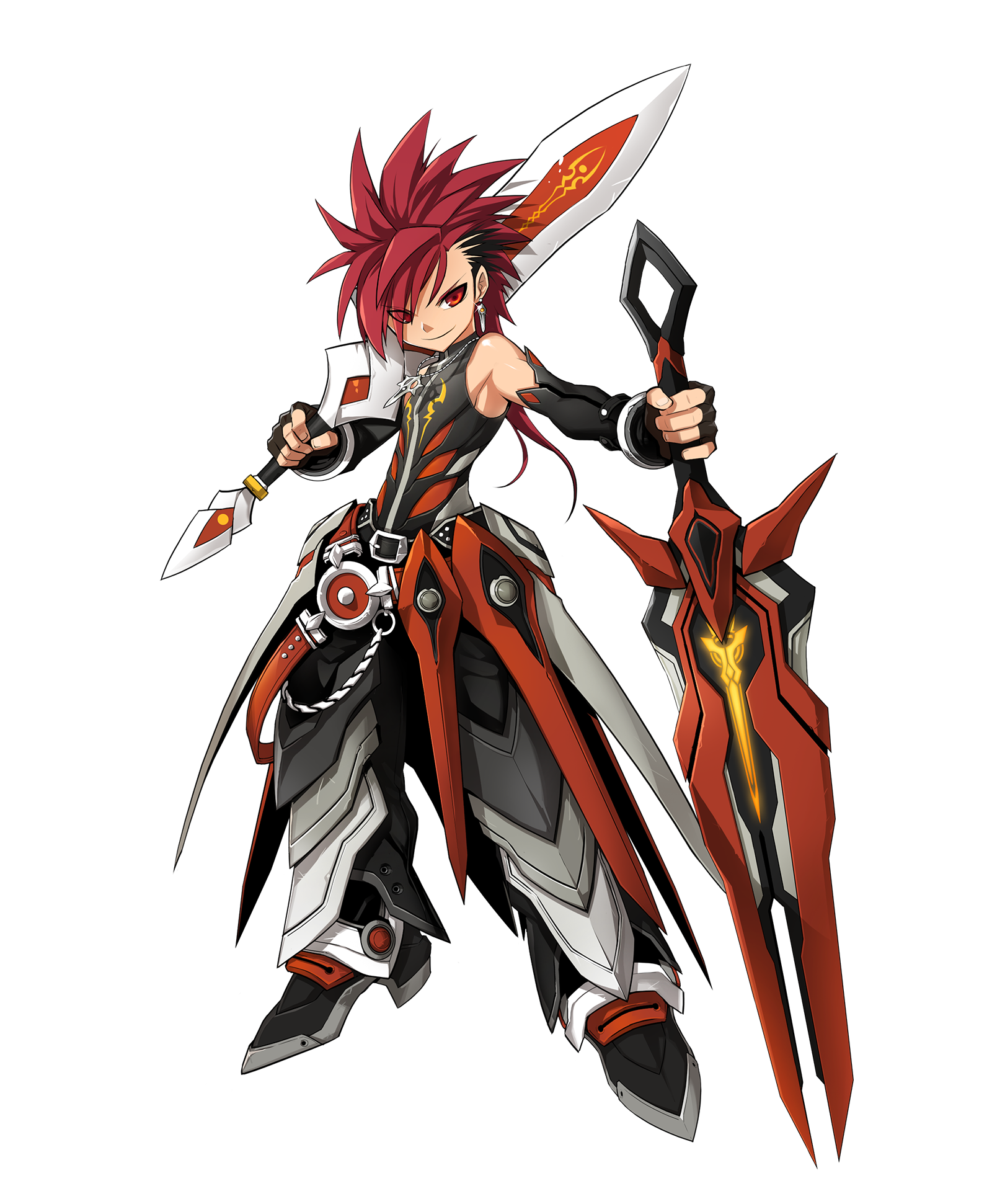 1boy armor armored_boots asymmetrical_hair bare_shoulders belt belt_buckle black_belt black_boots black_gloves black_pants black_shirt black_sleeves boots buckle closed_mouth detached_sleeves determined earrings elsword elsword_(character) eyes_visible_through_hair faulds fingerless_gloves full_body game_cg gloves hair_over_one_eye highres holding holding_sword holding_weapon huge_weapon jewelry long_hair long_sleeves long_sword looking_at_viewer male_focus necklace official_art outstretched_arm over_shoulder pants red_belt red_eyes red_hair ress second-party_source shirt sleeveless sleeveless_shirt smile solo spiked_hair standing studded_belt sword tachi-e transparent_background tsurime turtleneck turtleneck_shirt weapon weapon_over_shoulder zipper