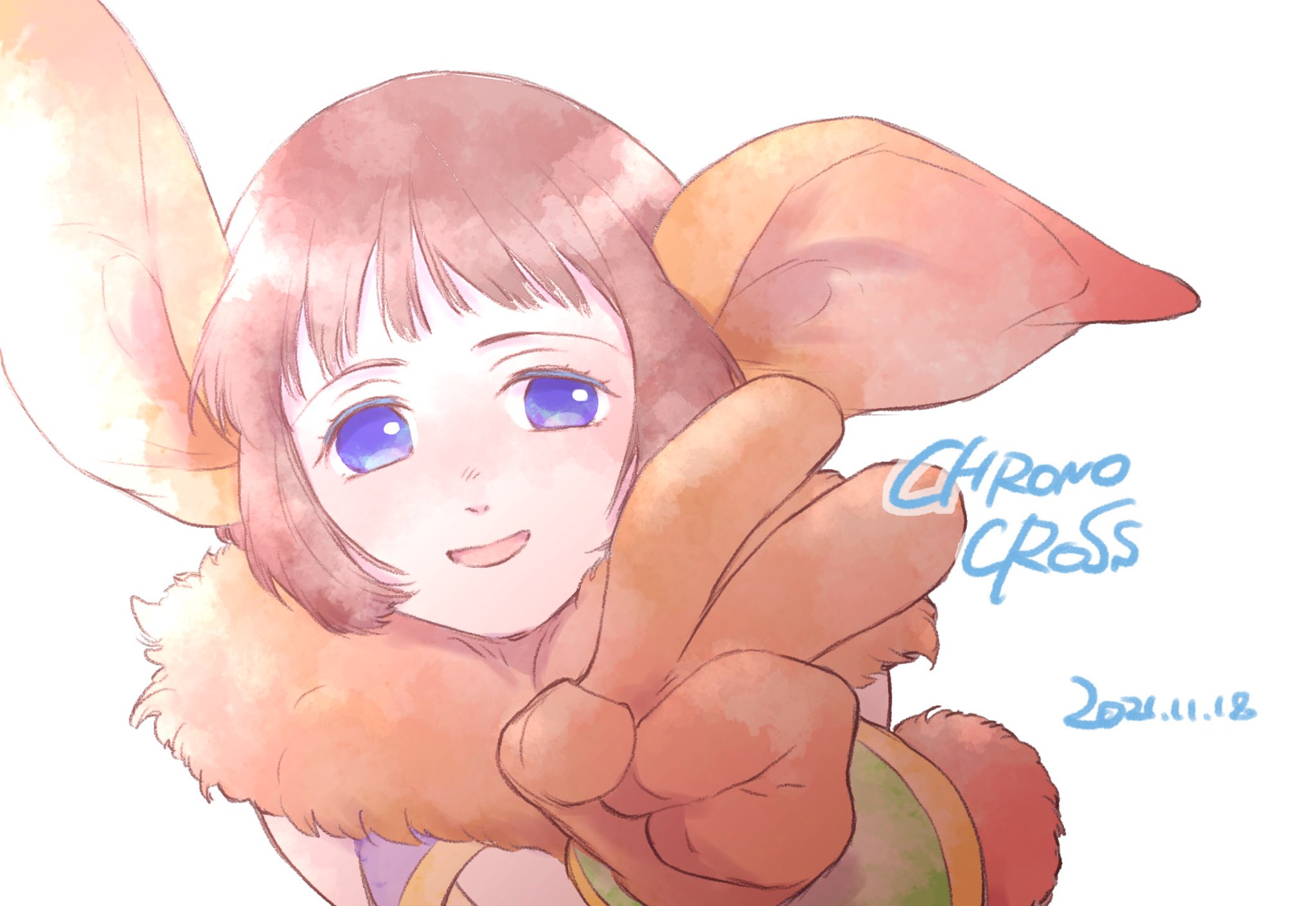 1girl animal_ears animal_hands blue_eyes brown_hair chrono_cross clothing_cutout dated gloves highres janice_(chrono_cross) looking_at_viewer mi_(matilda-mc) monster_girl open_mouth rabbit_ears short_hair simple_background smile solo white_background