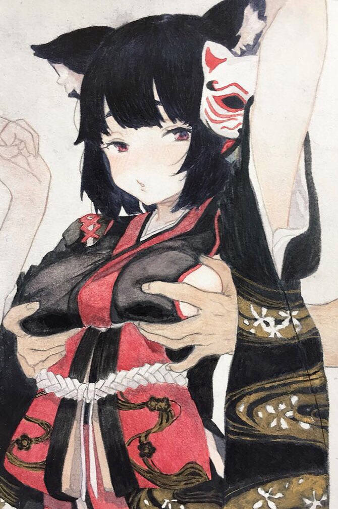1girl 1other arm_up azur_lane black_hair black_kimono breasts brown_eyes cowboy_shot fox_mask grabbing_another&#039;s_breast grabbing_from_behind groping hand_up japanese_clothes kimono looking_at_viewer mask mask_on_head medium_breasts pursed_lips red_kimono ribbon-trimmed_sleeves ribbon_trim rope_belt sideboob traditional_media tsuntsuke two-tone_kimono yamashiro_(azur_lane)