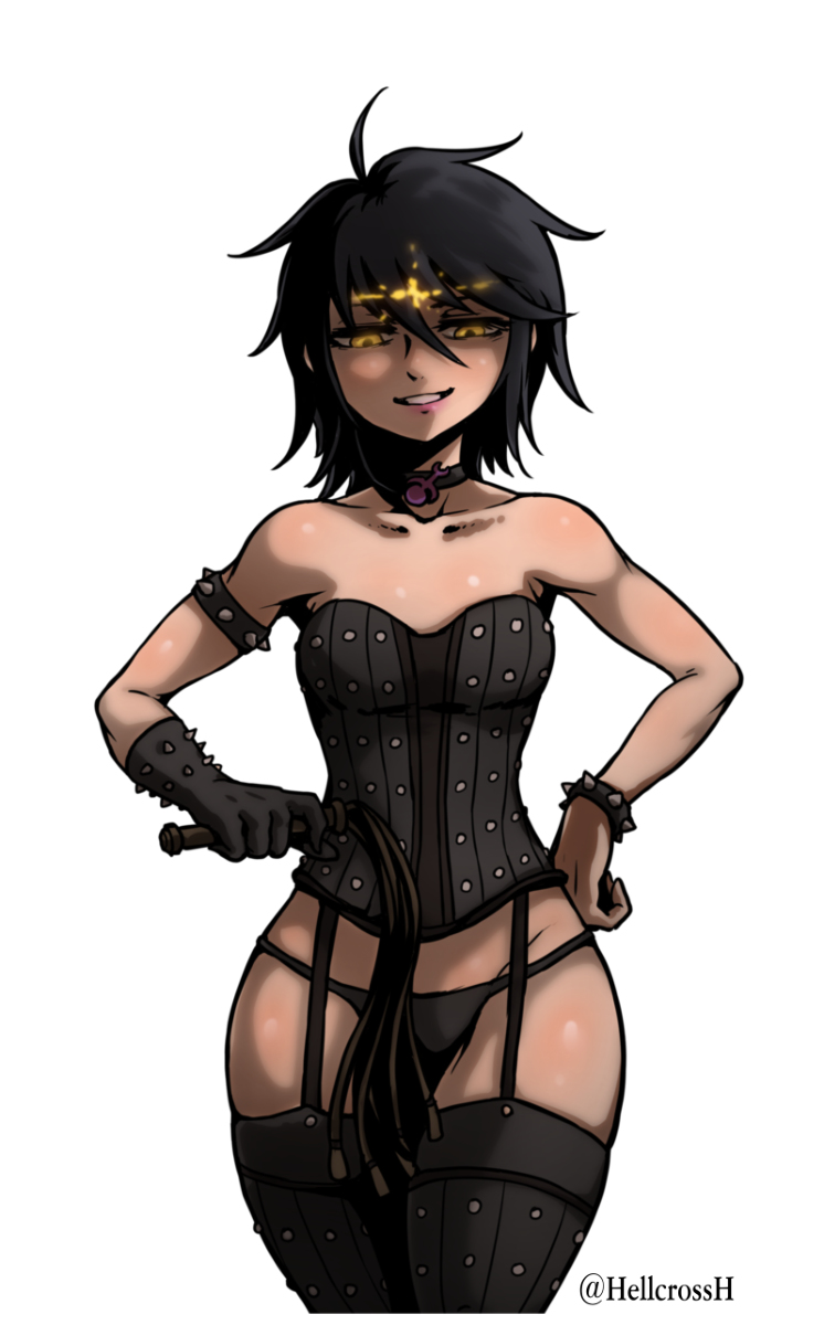 1girl ahoge archaon_the_everchosen armlet artist_name bare_shoulders black_choker black_gloves black_hair black_panties black_thighhighs bracelet breasts choker collarbone corset cowboy_shot cropped_legs female_focus garter_straps gloves glowing grin groin hair_between_eyes half-closed_eyes hand_on_own_hip happy hellcross_(dkrejd2000) highres holding holding_whip jewelry looking_down panties shiny_skin short_hair simple_background single_glove small_breasts smile solo spiked_armlet spiked_bracelet spiked_gloves spikes standing straight-on teeth thighhighs total_war total_war:_warhammer twitter_username underwear warhammer_fantasy watermark white_background yellow_eyes