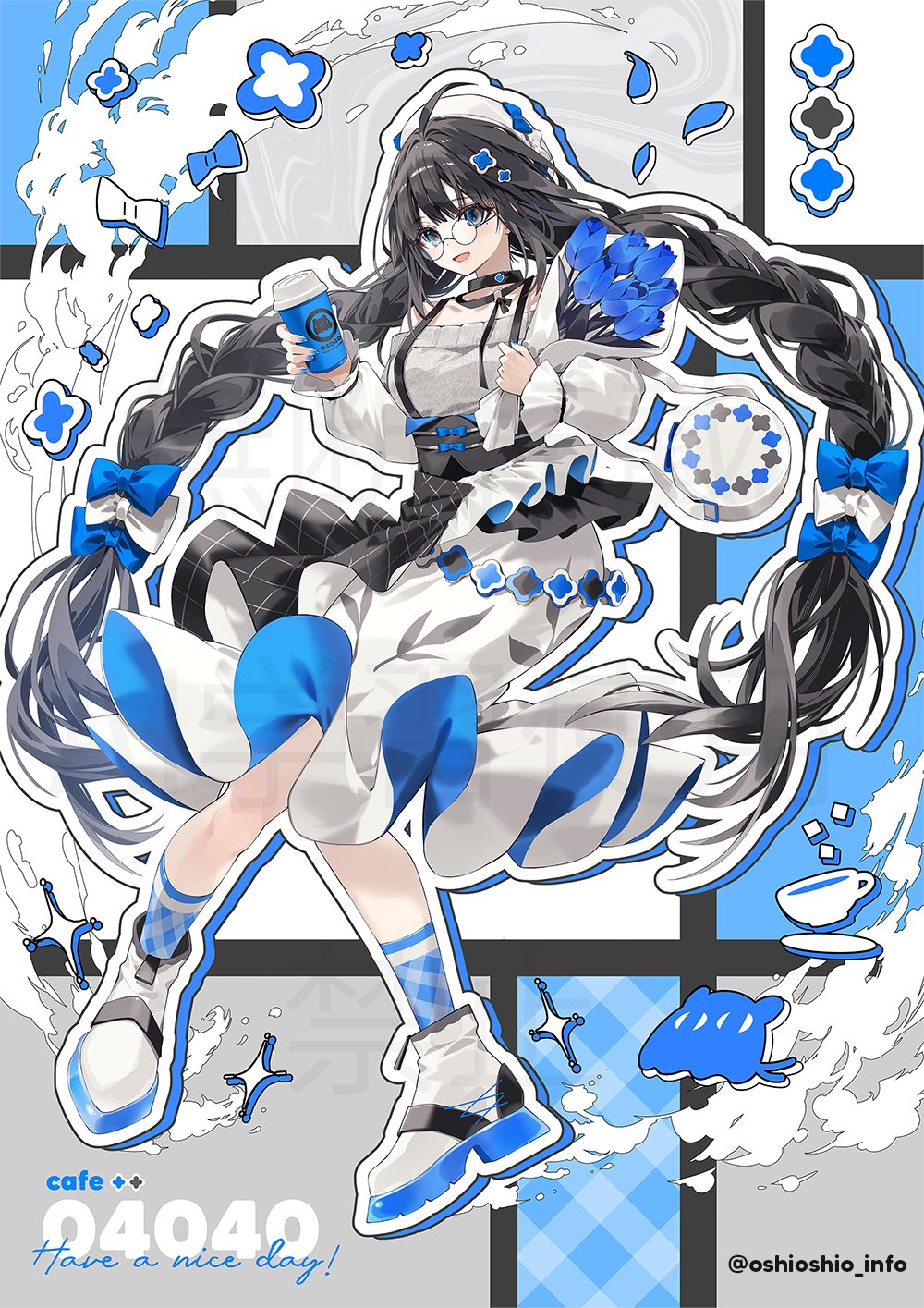 1girl :d ahoge bag black_choker black_hair blue_bow blue_eyes blue_flower blue_tulip blush bottle bow braid choker cup dress flower frills full_body glasses hair_bow hair_ornament hat highres holding holding_cup long_hair long_sleeves mole mole_under_eye open_mouth original oshioshio puffy_long_sleeves puffy_sleeves smile socks solo tulip twin_braids two-tone_dress very_long_hair white_bow white_dress white_footwear