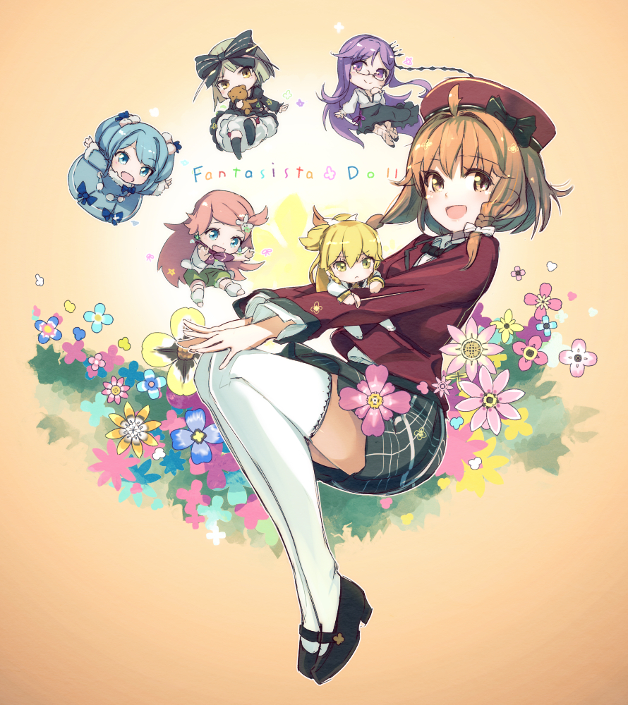10s 6+girls akari_(fantasista_doll) bad_id bad_pixiv_id beret black_legwear blazer blonde_hair bloomers blue_eyes blue_hair bow brown_eyes chibi copyright_name dress eyebrows fantasista_doll fishnet_pantyhose fishnets flower fur_trim glasses gradient_background grey_hair hair_bow hair_flower hair_ornament hairclip hands_on_own_knees hat jacket katia_(fantasista_doll) legs_up long_hair looking_at_viewer madeleine_(fantasista_doll) mary_janes multiple_girls open_mouth orange_background orange_hair pantyhose pemu pink_hair pomon_illust ponytail purple_eyes purple_hair rapier sasara_(fantasista_doll) shimeji_(fantasista_doll) shoes short_hair shorts skirt stuffed_animal stuffed_toy sword teddy_bear thighhighs twintails underwear uno_uzume weapon white_legwear yellow_eyes zettai_ryouiki
