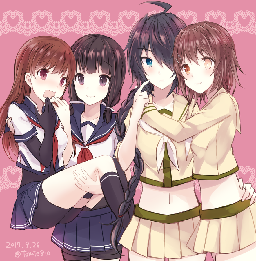 4girls ahoge bikini bikini_top_only black_gloves black_hair black_shorts black_socks blue_eyes blue_skirt blunt_bangs blush braid brown_eyes brown_hair carrying closed_mouth cosplay costume_switch cowboy_shot dated double_bun elbow_gloves furutaka_(kancolle) furutaka_(kancolle)_(cosplay) gloves hair_bun hair_ornament hair_over_one_eye hairclip heart heterochromia hug kabocha_torute kako_(kancolle) kako_(kancolle)_(cosplay) kantai_collection kitakami_(kancolle) kitakami_(kancolle)_(cosplay) kneehighs long_hair long_sleeves looking_at_viewer midriff miniskirt multiple_girls navel neckerchief nose_blush ooi_(kancolle) ooi_(kancolle)_(cosplay) open_mouth pink_background pink_eyes pleated_skirt princess_carry purple_eyes red_neckerchief school_uniform scratching_cheek serafuku shirt short_hair shorts shorts_under_skirt sidelocks single_braid single_elbow_glove single_glove skirt smile socks standing swimsuit tareme very_long_hair white_neckerchief white_shirt yellow_eyes yellow_shirt yellow_skirt yuri