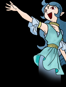 blue_eyes blue_hair bracelet dress jewelry long_hair lots_of_jewelry lowres nayru nintendo open_mouth pointing possessed possession the_legend_of_zelda the_legend_of_zelda:_oracle_of_ages veran