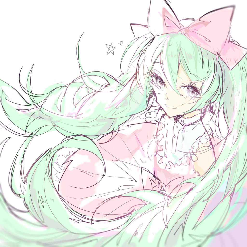 1girl bare_shoulders bow buttons chinese_commentary circle_skirt collared_shirt commentary_request cowboy_shot dinned dress dress_shirt eyelashes floating_hair frilled_dress frills green_hair grey_eyes hair_between_eyes hair_bow hair_over_shoulder happy hatsune_miku light_blush long_hair looking_at_viewer open_mouth pink_bow pink_dress pleated_skirt shirt short_dress simple_background skirt sleeveless sleeveless_dress sleeveless_shirt smile solo sparkling_eyes star_(symbol) twintails very_long_hair vocaloid waist_bow white_background white_shirt