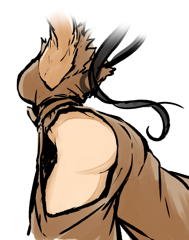 1girl arm_up armpits ass black_hair breasts clothing_cutout from_side head_out_of_frame henriiku_(ahemaru) hip_vent ibuki_(street_fighter) long_hair ponytail revealing_clothes simple_background sleeveless solo street_fighter white_background