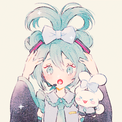 &gt;_&lt; 1girl :o aqua_eyes aqua_hair black_sleeves blue_bow blue_necktie bow cinnamiku cinnamoroll collared_shirt commentary detached_sleeves fuwa_fuwa_cinnamoroll grey_shirt hair_between_eyes hair_bow hatsune_miku long_hair long_sleeves looking_at_viewer lowres necktie open_mouth ryokuno_green sanrio shirt simple_background symbol-only_commentary tied_ears upper_body vocaloid white_background