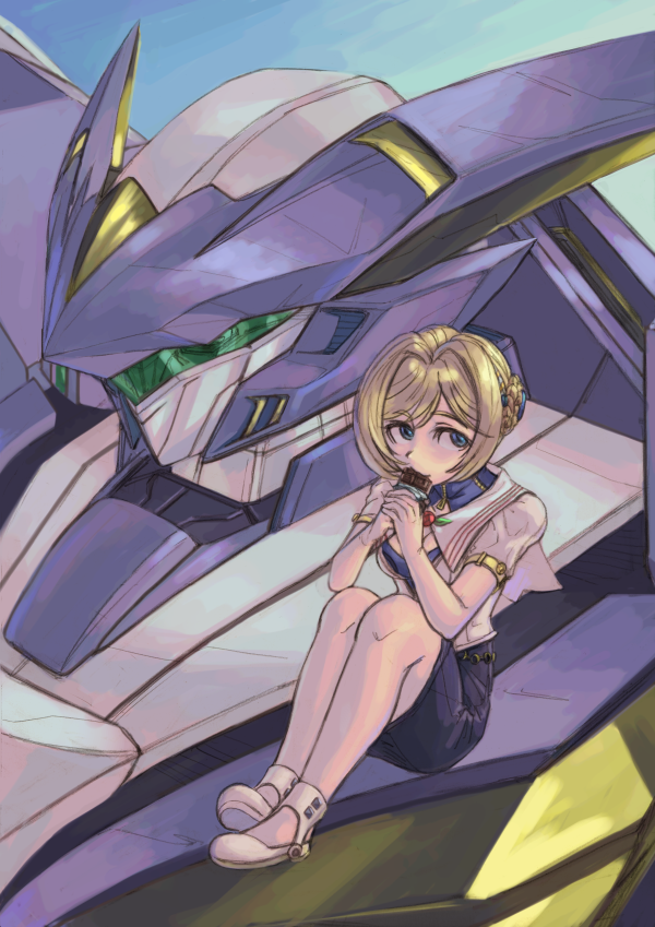 1girl black_skirt blonde_hair blue_eyes breasts candy chocolate chocolate_bar cleavage coustwell food hair_intakes hands_up holding holding_chocolate holding_food mecha melua_melna_meia miniskirt robot shoes short_hair short_sleeves sitting skirt small_breasts super_robot_wars super_robot_wars_judgement swept_bangs vaison white_footwear