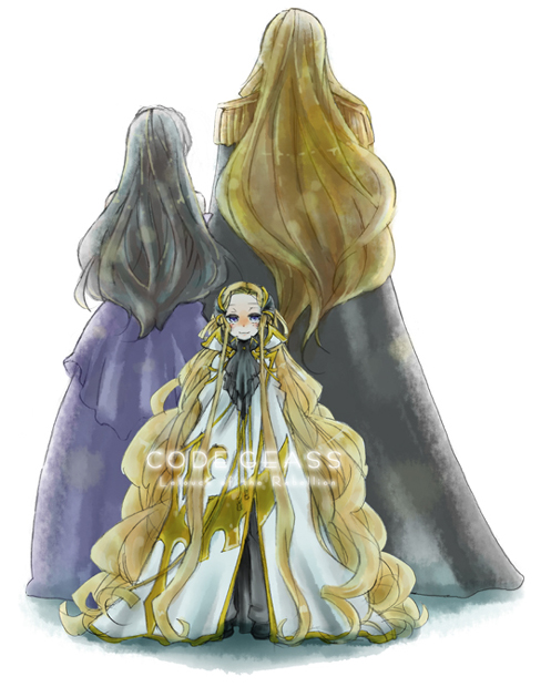 00s 1girl 2boys artist_request back-to-back blonde_hair blush brown_hair charles_zi_britannia child code_geass curly_hair dress epaulettes family formal_clothes hane_amamidokoro husband_and_wife long_hair marianne_vi_britannia multiple_boys purple_eyes siblings size_difference v.v. white_background aged_down
