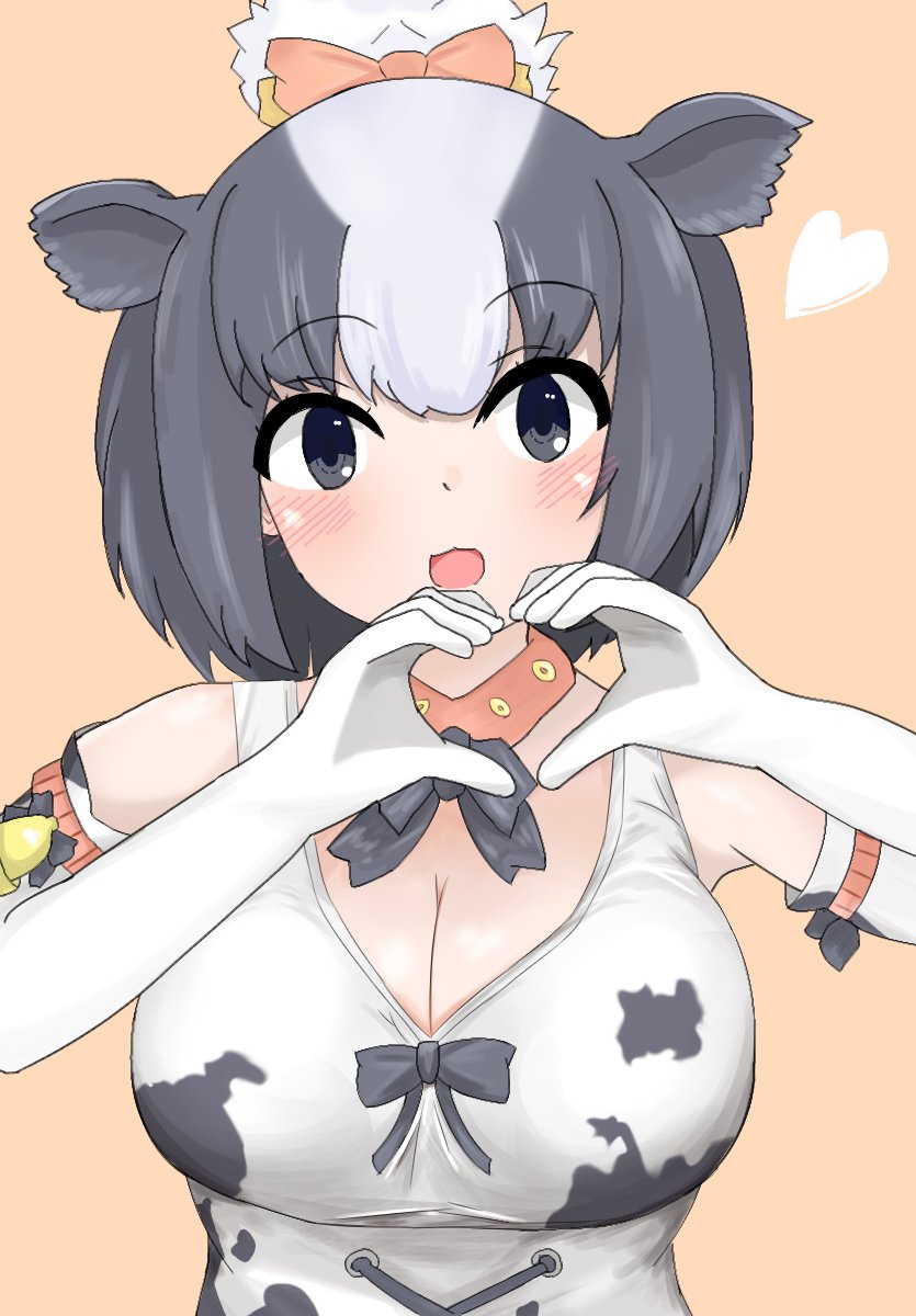 1girl animal_ears animal_print black_bow black_bowtie black_eyes black_gloves black_hair black_shirt blush bow bowtie collar cow_ears cow_girl cow_print detached_collar elbow_gloves extra_ears gloves hair_between_eyes hair_bow hair_bun heart heart_hands highres holstein_friesian_cattle_(kemono_friends) kemono_friends korin_589 looking_at_viewer multicolored_hair orange_background orange_bow orange_collar print_gloves print_shirt shirt short_hair sidelocks sleeveless solo two-tone_gloves two-tone_hair two-tone_shirt upper_body white_gloves white_hair white_shirt