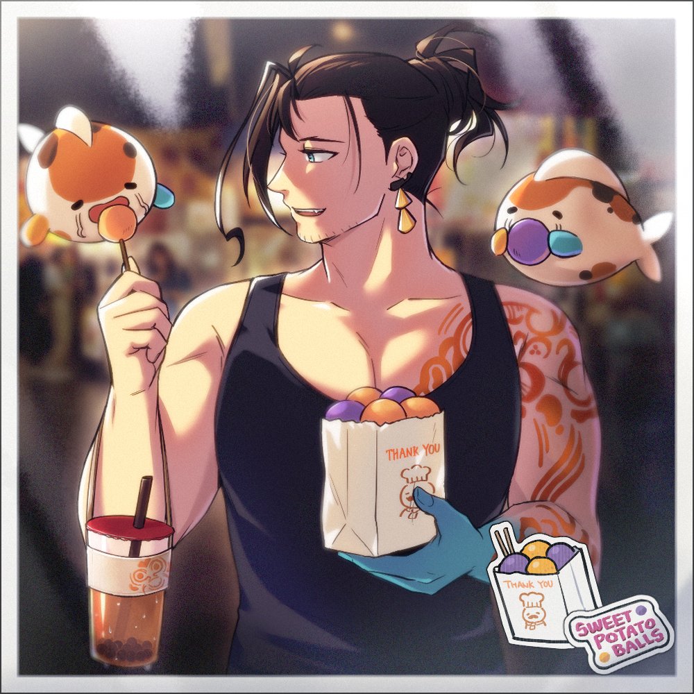 1boy amehigejz bag beard_stubble black_hair black_tank_top blue_eyes blurry blurry_background border bubble_tea collarbone colored_skin commentary earrings english_commentary facial_hair fish floating gradient_skin half_updo happy_birthday holding holding_bag holostars holostars_english jewelry josuiji_shinri koi koipanion_(josuiji_shinri) long_hair male_focus multicolored_skin muscular muscular_male paper_bag pectoral_cleavage pectorals profile shoulder_tattoo smile stubble tank_top tassel tassel_earrings tattoo upper_body virtual_youtuber white_border