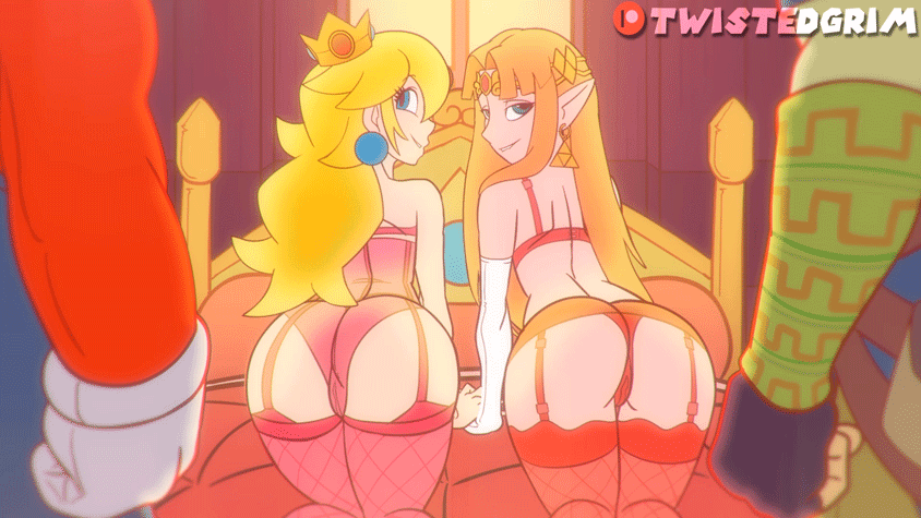 2boys 2girls all_fours animated animated_gif aqua_eyes ass ass-to-ass ass_focus ass_shake bed bedroom bent_over biting_own_lip blonde_hair blue_earrings blue_eyes blush bra brown_hair cameltoe clenched_hand come_hither corset crossover crown earrings elbow_gloves fingerless_gloves garter_straps gloves hetero hip_focus huge_ass indoors jewelry jiggle legs_together light_brown_hair lingerie link long_hair looking_back mario mario_(series) microskirt multiple_boys multiple_girls nintendo on_bed orange_hair out_of_frame panties pink_thighhighs pointy_ears princess_peach princess_zelda red_legwear red_panties skirt smile sphere_earrings super_mario_bros._1 super_smash_bros. take_your_pick the_legend_of_zelda the_legend_of_zelda:_a_link_between_worlds the_legend_of_zelda:_breath_of_the_wild thick_thighs thighhighs thighs triforce twistedgrim underwear underwear_only white_gloves wide_hips