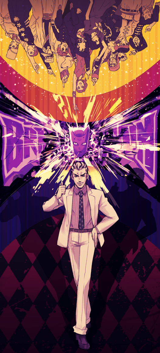 argyle_background argyle_clothes armband arnold_(jojo) beanie chef chef_hat coat crop_top dog dress facial_mark formal_clothes gakuran glasses hair_slicked_back hand_in_pocket hand_on_own_hip hat hazamada_toshikazu hazekura_mikitaka headband heart height_difference higashikata_josuke hirose_koichi jojo_no_kimyou_na_bouken joseph_joestar joseph_joestar_(old) kawajiri_kosaku killer_queen kira_yoshikage kishibe_rohan kobayashi_tamami kuujou_joutarou midriff navel necktie nijimura_okuyasu pink_dress pink_hair pointing pointing_up pompadour purple_hair sagemaru-br school_uniform serafuku shadow shirt shizuka_joestar stand_(jojo) star_(symbol) striped_clothes striped_shirt sugimoto_reimi suit sunglasses symmetry thumbs_up tonio_trussardi turtleneck upside-down yamagishi_yukako