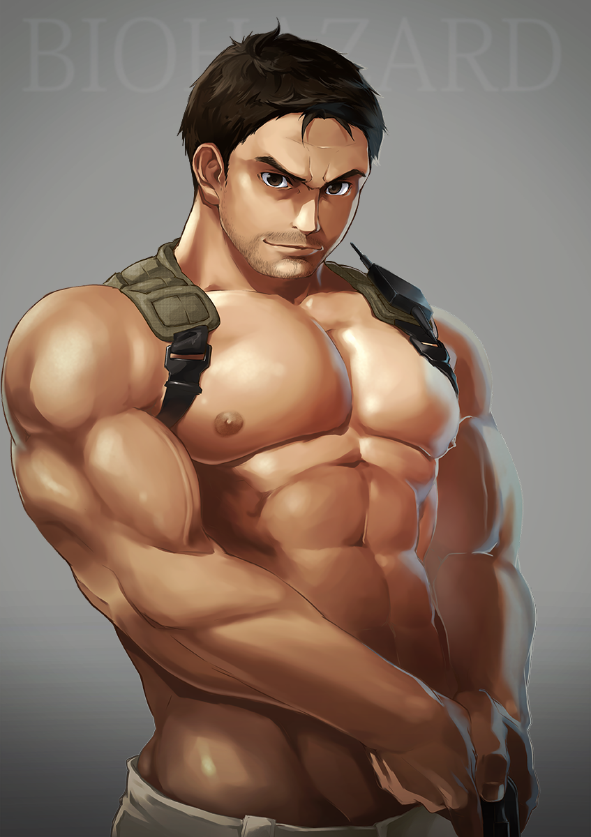 1boy 8_(yamalu) abs bara chris_redfield closed_mouth commentary_request copyright_name facial_hair frown groin gun highres holding holding_gun holding_weapon holster large_pectorals looking_at_viewer male_focus mature_male muscular muscular_male navel nipples pectoral_squeeze pectorals resident_evil resident_evil_5 short_hair shoulder_holster smile solo stomach stubble thick_eyebrows topless_male veins veiny_arms weapon