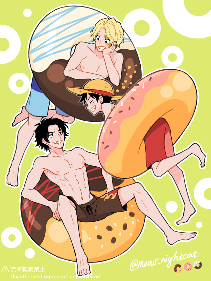 3boys barefoot black_eyes black_hair blonde_hair brown_male_swimwear donut_innertube feet hat innertube male_focus male_swimwear monkey_d._luffy multiple_boys nightcat nipples one_piece portgas_d._ace red_male_swimwear sabo_(one_piece) short_hair smile straw_hat swim_ring swim_trunks toes topless_male
