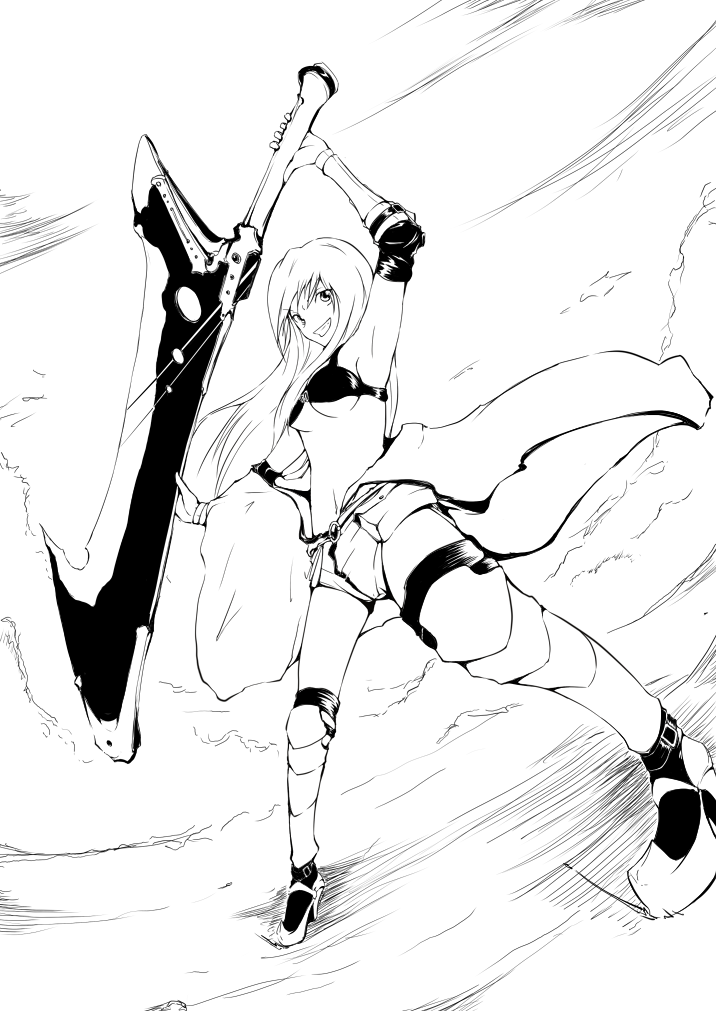1girl armored_boots armpits arms_up axe bikini bikini_top_only boots breasts commentary_request dust_cloud elbow_gloves fingerless_gloves full_body gloves greyscale grin holding holding_axe jumpsuit jumpsuit_around_waist long_hair looking_at_viewer maimu-noize mechanic_(ragnarok_online) medium_breasts monochrome ragnarok_online smile solo standing swimsuit underboob vambraces
