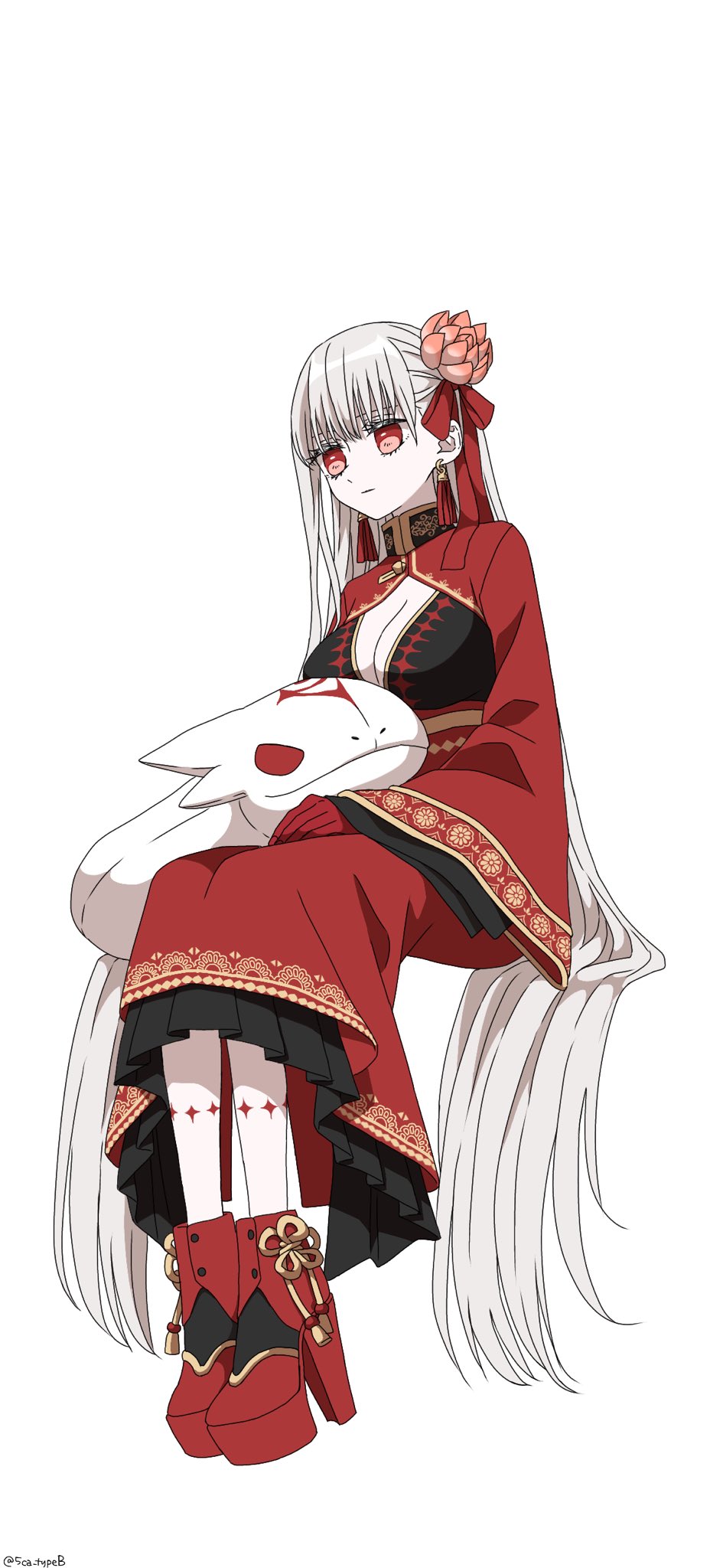 1girl 5ca_typeb absurdly_long_hair adapted_costume alternate_costume ankle_boots artist_name black_bra boots bra breasts cleavage closed_mouth colored_extremities durga_(fate) durga_(second_ascension)_(fate) earrings expressionless fate/grand_order fate_(series) flower full_body hair_flower hair_ornament hair_ribbon hand_on_lap high_heel_boots high_heels highres invisible_chair jewelry large_breasts layered_skirt leg_tattoo legs_together long_hair long_skirt long_sleeves lotus platform_boots platform_footwear popped_collar red_boots red_eyes red_hands red_ribbon red_shrug red_skirt ribbon shrug_(clothing) simple_background sitting skirt snake solo straight_hair stuffed_animal stuffed_snake stuffed_toy tassel tassel_earrings tattoo twitter_username underwear very_long_hair white_background white_hair white_snake wide_sleeves wispy_bangs
