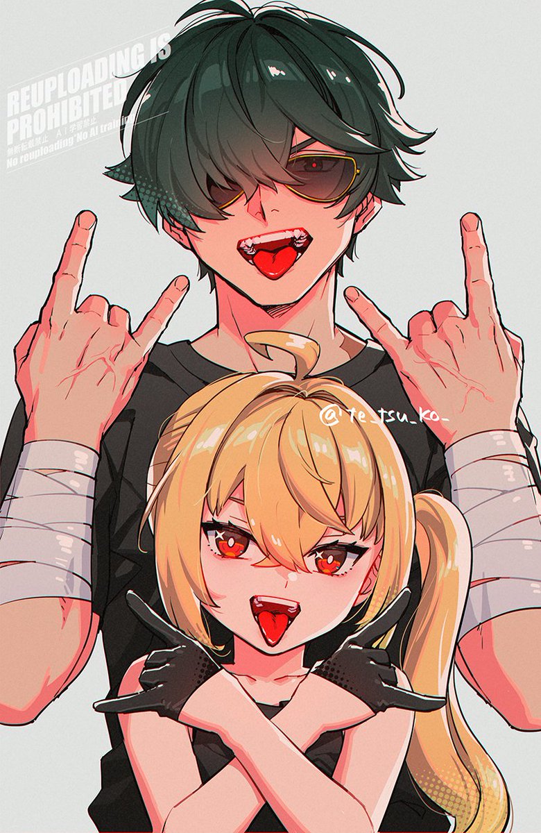 1boy 1girl \n/ bandaged_arm bandages black_gloves black_hair black_shirt blonde_hair commentary_request double_\n/ fangs gloves green_hair grey_background hair_between_eyes highres lighter_(zenless_zone_zero) long_hair looking_at_viewer luciana_de_montefio open_mouth red_eyes shirt short_sleeves simple_background sunglasses tetsukuzu_tetsuko tongue tongue_out twitter_username upper_body zenless_zone_zero