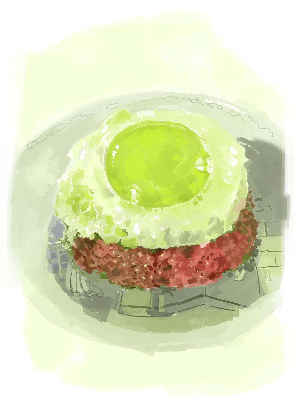 egg_(food) egg_yolk food food_focus hamburger_steak highres no_humans object_focus original painting_(medium) plate slow_d still_life traditional_media white_background